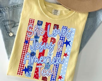 She Loves Jesus & America Too PNG, Christian Patriotic Mom Shirt Design, Coquette USA Faith Outfit, 4th of July Gift Sublimation File