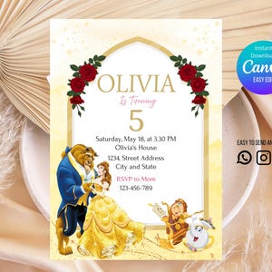 Invito di compleanno La bella e la bestia, modello modificabile Canva, invito alla festa della principessa Belle, celebrazione stampabile