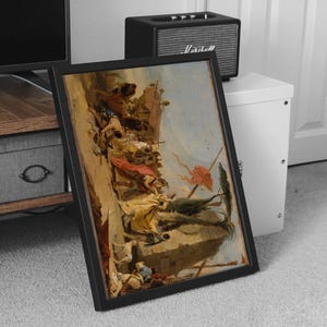 K&ouml;nnte beinhalten: Gerahmtes Kunstwerk, das eine historische Kampfszene zeigt. Das Gem&auml;lde zeigt Figuren in verschiedenen Posen, mit einer Farbpalette aus Beige, Rot und Blau. Das Kunstwerk wird in einem schwarzen Rahmen pr&auml;sentiert, der an einer Wand lehnt.