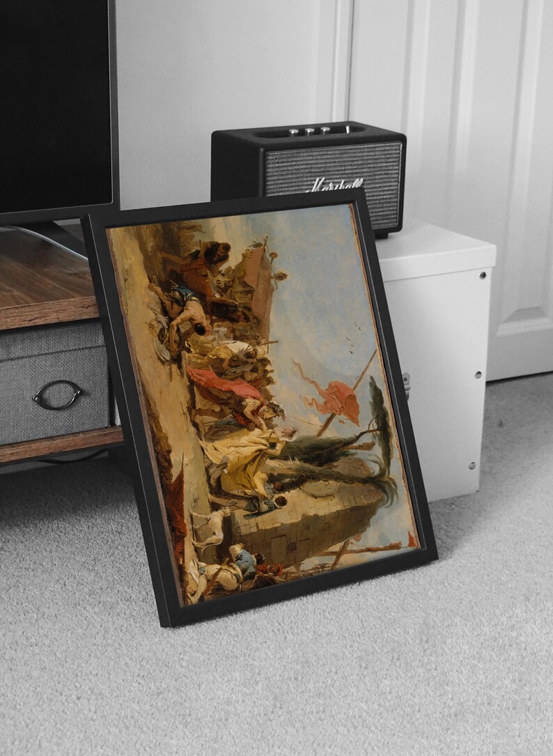 K&ouml;nnte beinhalten: Gerahmtes Kunstwerk, das eine historische Kampfszene zeigt. Das Gem&auml;lde zeigt Figuren in verschiedenen Posen, mit einer Farbpalette aus Beige, Rot und Blau. Das Kunstwerk wird in einem schwarzen Rahmen pr&auml;sentiert, der an einer Wand lehnt.