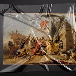 K&ouml;nnte beinhalten: Ein antikes Gem&auml;lde, das eine historische Szene darstellt, in transparente Folie verpackt. Das Kunstwerk zeigt zahlreiche Figuren in historischer Kleidung mit einer warmen Farbpalette aus Rot-, Gelb- und Braunt&ouml;nen. Ein Hund ist ebenfalls zu sehen.