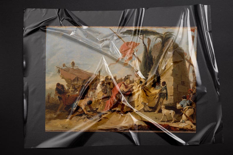 K&ouml;nnte beinhalten: Ein antikes Gem&auml;lde, das eine historische Szene darstellt, in transparente Folie verpackt. Das Kunstwerk zeigt zahlreiche Figuren in historischer Kleidung mit einer warmen Farbpalette aus Rot-, Gelb- und Braunt&ouml;nen. Ein Hund ist ebenfalls zu sehen.