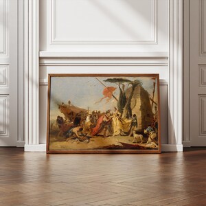 K&ouml;nnte beinhalten: Gerahmtes Gem&auml;lde, das eine historische Szene mit Figuren in klassischer Kleidung zeigt. Das Kunstwerk verwendet eine warme Farbpalette, wobei Rot-, Gelb- und Braunt&ouml;ne dominieren. Das Gem&auml;lde wird auf einem Holzboden vor einer wei&szlig;en Wand ausgestellt.