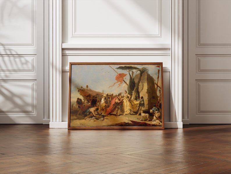 K&ouml;nnte beinhalten: Gerahmtes Gem&auml;lde, das eine historische Szene mit Figuren in klassischer Kleidung zeigt. Das Kunstwerk verwendet eine warme Farbpalette, wobei Rot-, Gelb- und Braunt&ouml;ne dominieren. Das Gem&auml;lde wird auf einem Holzboden vor einer wei&szlig;en Wand ausgestellt.