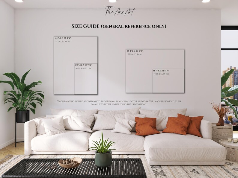 K&ouml;nnte beinhalten: Ein Gr&ouml;&szlig;enleitfaden f&uuml;r Kunstwerkdimensionen wird an einer wei&szlig;en Wand angezeigt. Der Leitfaden enth&auml;lt rechteckige Umrisse mit Ma&szlig;en in Zoll und Zentimetern. Ein wei&szlig;es Ecksofa mit orangefarbenen Kissen und ein schwarzer Couchtisch befinden sich im Vordergrund.