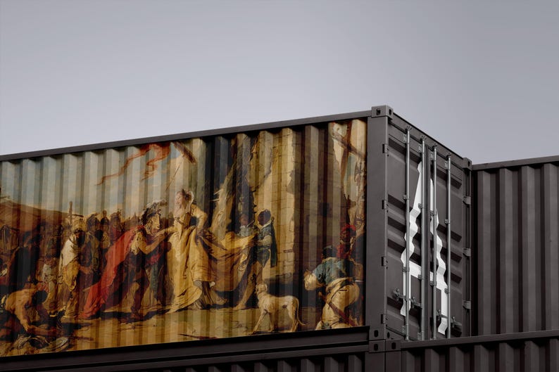 K&ouml;nnte beinhalten: Dunkelgrauer Schiffscontainer mit einem klassischen Wandgem&auml;lde. Das Kunstwerk zeigt Figuren in flie&szlig;enden Gew&auml;ndern, mit einer ged&auml;mpften Farbpalette aus Braun-, Rot- und Goldt&ouml;nen. Daneben befindet sich ein Container mit wei&szlig;er abstrakter Kunst.