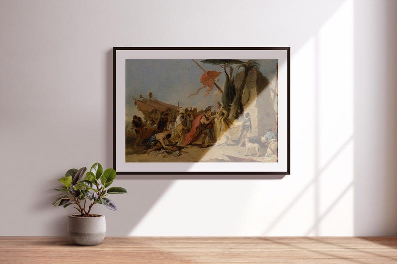 K&ouml;nnte beinhalten: Gerahmter Kunstdruck eines klassischen Gem&auml;ldes, das eine historische Szene mit zahlreichen Figuren zeigt. Das Kunstwerk weist warme Farbt&ouml;ne auf, wobei der Fokus auf den zentralen Figuren und einem Banner im Hintergrund liegt. Der Rahmen ist schwarz, an einer wei&szlig;en Wand.