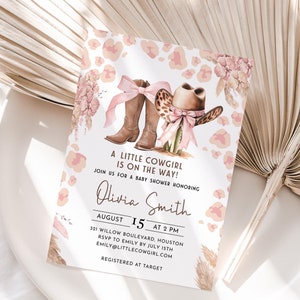 Faire-part de naissance modifiable vache fille - cow-girl coquette - motif vache rose