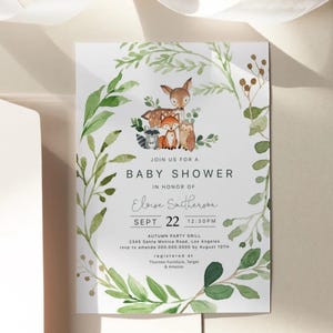 Wald-Babyparty-Einladung | Waldtiere Babyparty einladen | Geschlecht Neutral Vorlage