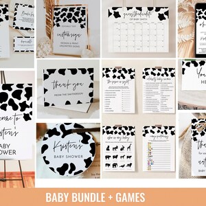Pacote de chá de bebê com estampa de vaca – Conjunto de decoração e convite com tema de vaca, editável com Corjl