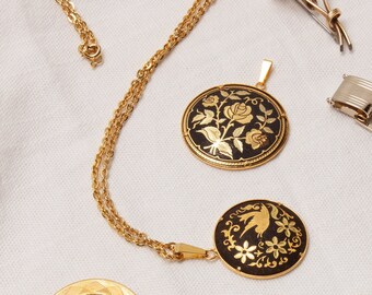 Black and Gold Bird and Flowers Necklace + Chain