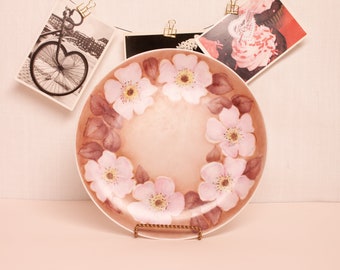 Beautiful Hand Painted Vintage Pink and Brown Floral Plate 1972