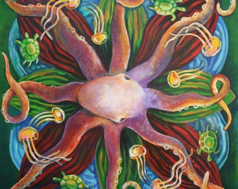 Fine Art - Mandala - Octopus Squid surrounded by Jellyfish and Turtles - Acrylic on Canvas