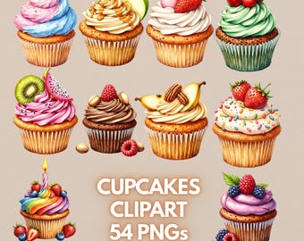 Pacote de clipart de cupcake em aquarela, 54 gráficos de sobremesa em PNG (download digital)