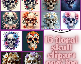 Pacote de clipart de caveira floral: ilustrações elegantes de flores (uso comercial, download digital, PNGs, 15 designs)