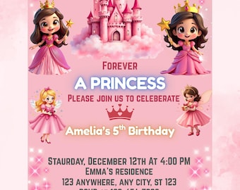 Invito di compleanno principessa, castello delle fiabe, invito modificabile (download digitale)
