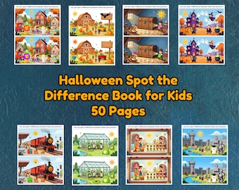 Libro di Halloween "Trova le differenze" per bambini, 50 puzzle stampabili, gioco "Trova le differenze", libro di attività di Halloween in PDF, da facile a medio