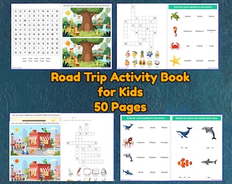 Livro de atividades com quebra-cabeças para viagem de carro para crianças – 50 páginas com jogos de encontrar as diferenças, jogos de palavras e palavras cruzadas.