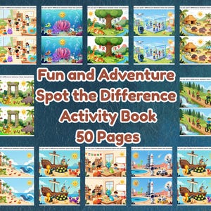 Puede incluir: Un libro de actividades colorido titulado "Fun and Adventure Spot the Difference Activity Book" con 50 páginas. El libro presenta varias escenas ilustradas, incluyendo temas submarinos, de la jungla y del espacio.
