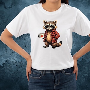 Raccoon Shirt Funny, Funny Raccoon Shirts, Cute Raccoons Shirt, Cozy Coffee Raccoon Tee, Animal Lover Gift, Plaid Flannel Raccoon T-Shirt