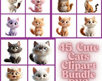 Pacote de Clipart de Gato Fofo | PNG de Gato Fofo, Imagens de Gatinhos, Animais Bebês Felizes | Desenhos Animados para Imprimir, Download Digital Instantâneo