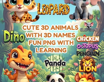 Animais fofos em clipart 3D - Pacote de animais de desenho animado PNG com nomes de animais 3D incluídos para artesanato e decoração infantil