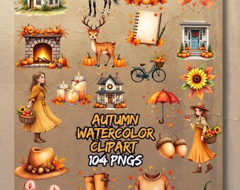 Clipart acquerello autunnale, ragazze cottagecore, fiori boho (104 PNG)