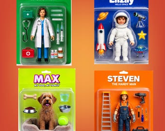 Retrato personalizado de boneco de ação a partir de foto – Arte personalizada para caixa de brinquedos, retrato digital no estilo de boneco de ação, presente divertido para ele/ela.