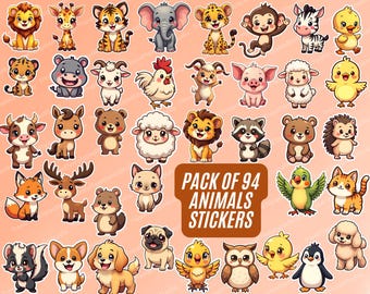 Pacote de adesivos de animais fofos, clipart de animais Kawaii, animais bebês PNG, animais fofos de desenho animado, adesivos digitais GoodNotes, clipart de animais