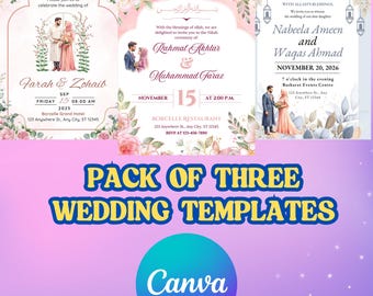 Convite de casamento muçulmano com flores de lavanda: modelo editável Nikkah Walima no Canva (download digital)