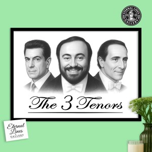 Portret van de 3 tenoren - Carreras Pavarotti Domingo - zwart-wit operakunst - A2, A3 A4 digitale downloadposter