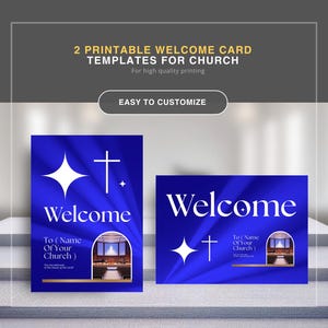 2 modèles de cartes de bienvenue d'église personnalisables sur Canva, idéaux pour les églises, les ministères et les organisations chrétiennes