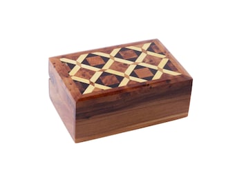Inlaid Marquetry Wood Jewelry Box, Moroccan Geometric Pattern Organizer, Handmade Wooden Keepsake Box, Lockable Storage