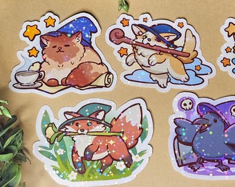 PET WITCHES & WIZARDS  | Cute Cottagecore Sticker | kawaii cat stickers| Vinyl | Fox | Frog | Puppy | Crow | Adorable Magical Animal