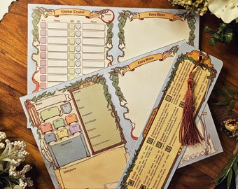 May include: A collection of fantasy role-playing game character sheets and a bookmark. The sheets feature areas for tracking combat, character details, and extra notes. The bookmark has a tassel and text. The sheets have a vintage aesthetic with a light blue and beige color scheme.