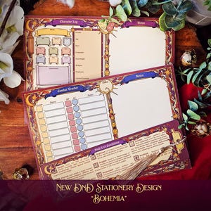 May include: Two-page stationery set with a character log and combat tracker. The pages have a decorative border with a purple and gold color scheme. The text "New DnD Stationery Design Bohemia" is at the bottom.