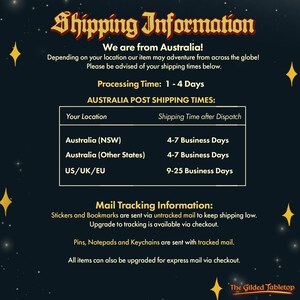 May include: A dark blue graphic with gold text that reads "Shipping Information." The text provides details on processing and shipping times for orders from Australia, including domestic and international shipping estimates. The Gilded Tabletop logo is in the bottom right.
