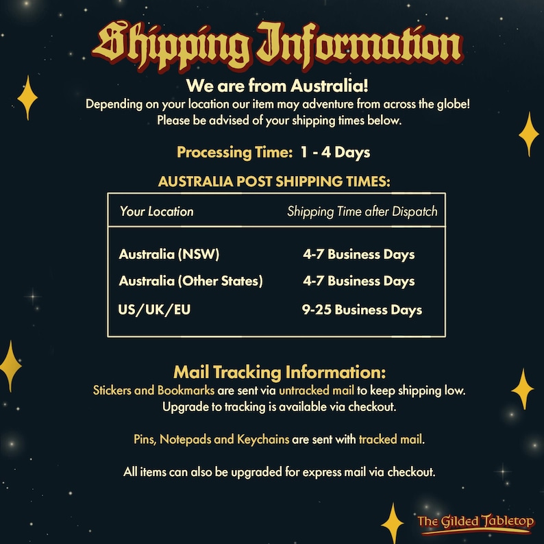 May include: A dark blue graphic with gold text that reads "Shipping Information." The text provides details on processing and shipping times for orders from Australia, including domestic and international shipping estimates. The Gilded Tabletop logo is in the bottom right.
