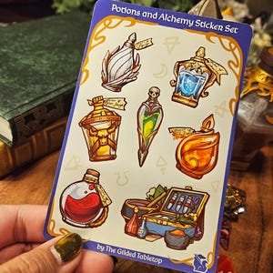 DnD ポーション ステッカー セット | 錬金術パック | D&D ステッカー | ビニール製 DnD ステッカー シート | TTRPG およびダンジョンズ アンド ドラゴンズ ギフト | マットまたはグロス