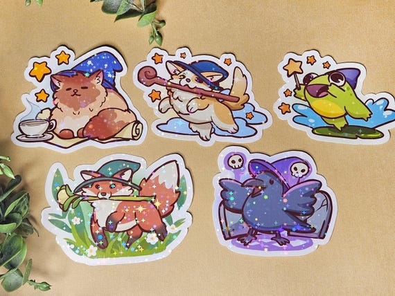 PET WITCHES & WIZARDS  | Cute Cottagecore Sticker | kawaii cat stickers| Vinyl | Fox | Frog | Puppy | Crow | Adorable Magical Animal
