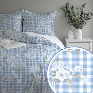 Floral Bedding Set Cottage Style Gingham Check Bedroom Decor White Pattern Room Design Blue Hydrangea Duvet Cover Queen Size Master Bedroom