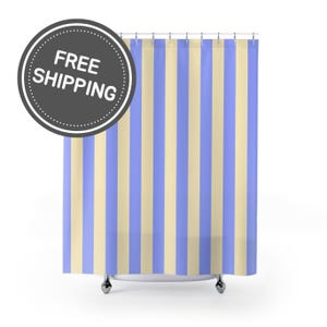 Periwinkle Cream Stripe Shower Curtain Teen Girl Bathroom Decor Preppy Dorm Bathroom Curtain Aesthetic Striped Shower Curtain Blue Cute Gift