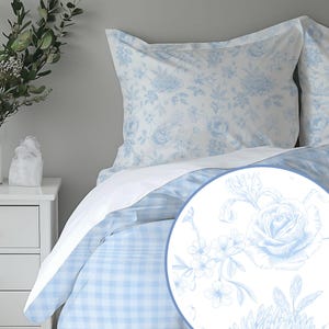 Blue Gingham Duvet Cover Floral Dorm Bedding Set Navy Flower Duvet Cover Cute Girly Bedspread Twin XL Duvet Cover Queen Bedding Set Teenager