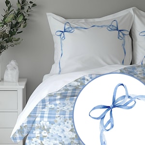 Hydrangea Bedding Set Bedroom Decor White Design Bow Pattern Gingham Style Floral Bedding Custom Made Personalized Pillow Reversible Cover