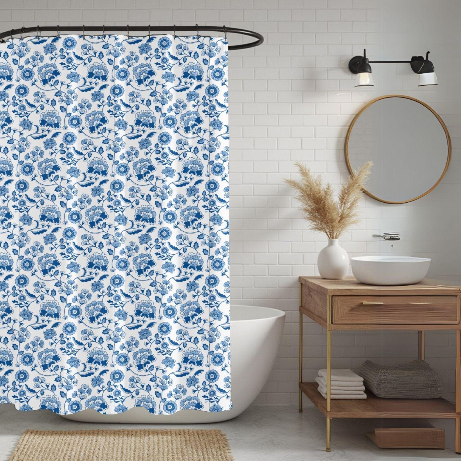 Blue Toile Shower Curtain Blue Floral Bathroom Decor Cottagecore Shower
