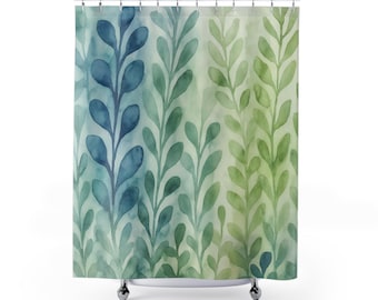 Watercolor Shower Curtain Coastal Bathroom Decor Ocean Inspired Beach House Shower Curtain Green Blue Leaves Shower Curtain New Home Gift