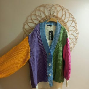 Rainbow Oversize Crochet Cardigan, Handknitted Jacket, Colorful Granny Square Cardigan, Unisex Oversize Cardigan