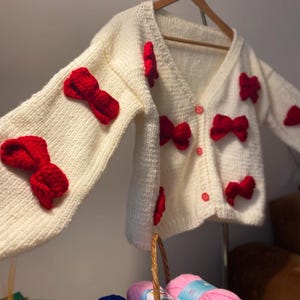 Red Bow Tie Cardigan, Chunky Cropped Cardigan For Woman, White Sweater With Red Bows, Unique Gift for Women ,Vintage Ribbon Cardigan