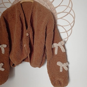 bow cardigan, bow tie cardigan,chunky cropped cardigan for women,brown sweater white bows,mothers day cardigan,wool ribbon cardigan