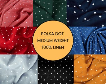 Polka Dot Linen Fabric by the Yard, by the Meter. Prewashed, Softened, Natural, Medium Weight for Clothing, Tablecloths, Home Decor and more